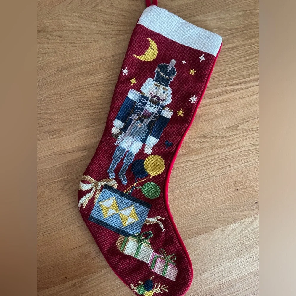 VTG Wool Needlepoint Nutcracker Christmas Stocking Red Velvet Back 20
